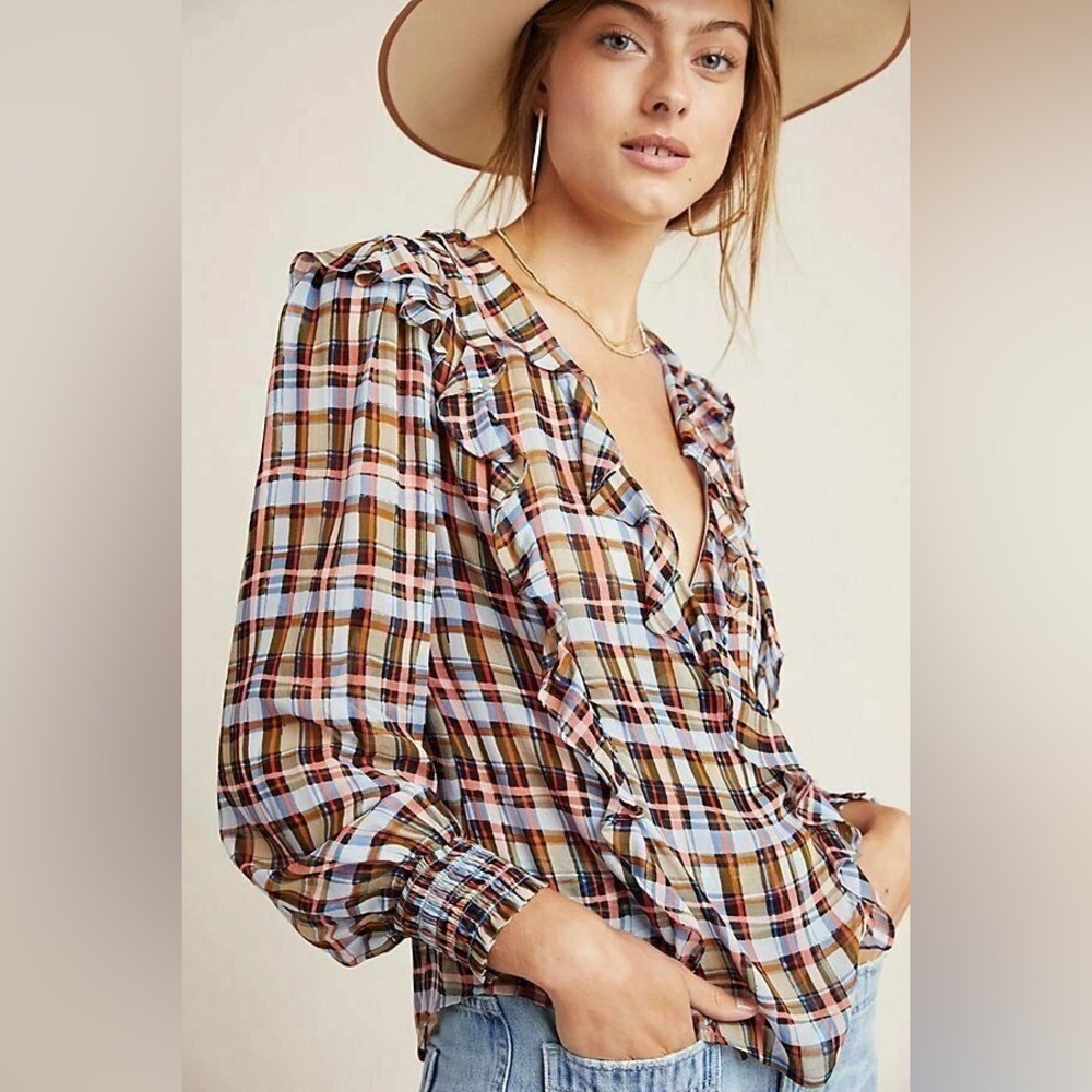 Maeve by Anthropologie Ruffle Plaid Blouse | Size 8P | Fall Prairie Chic